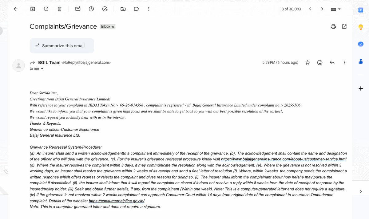 myglobalcv's tweet photo. @bajajgeneral Which “necessary updates” have you emailed me?

I have checked my inbox. The only emails received from Bajaj today are the 5:29 PM & 6:15 PM acknowledgements generated AFTER I escalated the matter through IRDAI Bima Bharosa (Token 09-26-014598). #irdaindia #irdaBimaBharosa

Neither provides the survey/investigation report, established root cause of engine failure, technical evidence relied upon, or the exact Engine Protector/policy clause supporting repudiation — all of which I have repeatedly requested.

Please don't post a generic public response suggesting that the necessary updates have been provided when they haven't.

If Bajaj has actually sent these “necessary updates”, please state the email time/subject here publicly or resend them now. 

I am still waiting for the technical basis of my claim repudiation - not another acknowledgement.