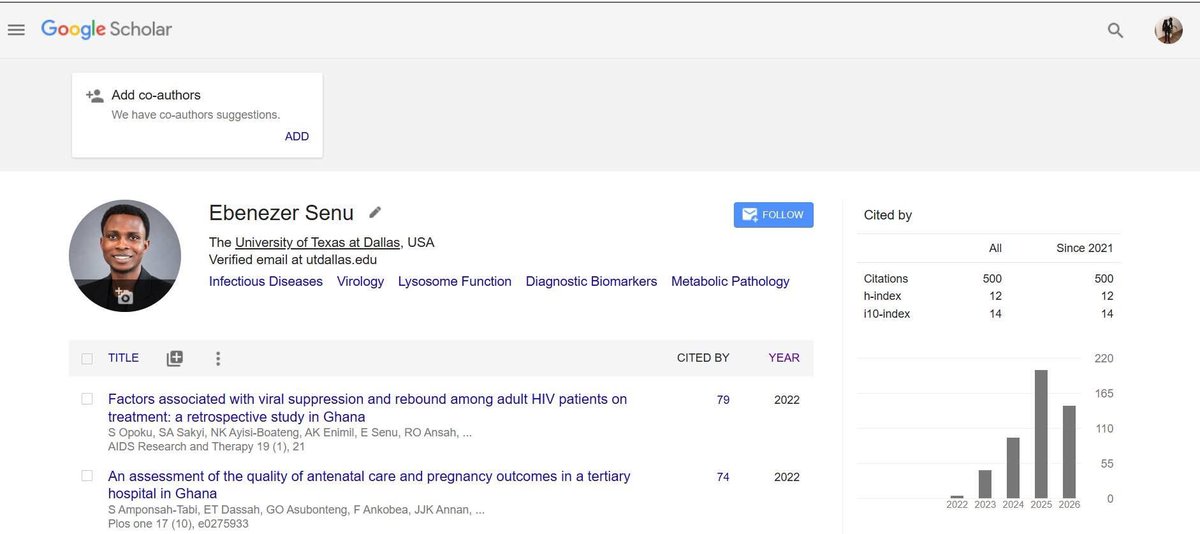 Eben_Senu's tweet photo. 📈 A milestone worth celebrating!

Grateful to see my Google Scholar citations reach 500, with an h-index of 12 and i10-index of 14. 🎓🔬

#GoogleScholar #ScientificResearch #Citations #ResearchImpact #Academia #Virology #BiomedicalResearch #DataScience #Grateful https://t.co/Kq6tnfkppm