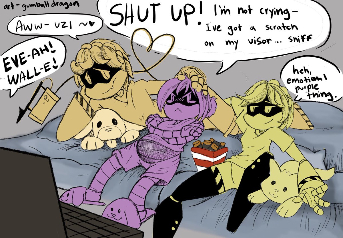 Nuzidragon's tweet photo. Sorry #Nuziweek2026 day 4 is late, yesterday was so busy. 
Theme- Movie/arcade
They’re watching a robot classic, and it seems like #preguzi is moved.  
A little bit of #envuzi because ya’ll said it was ok <3 #Nuzi #Vuzi #serialdesignationN #serialdesignationV https://t.co/5krIgKpr3m