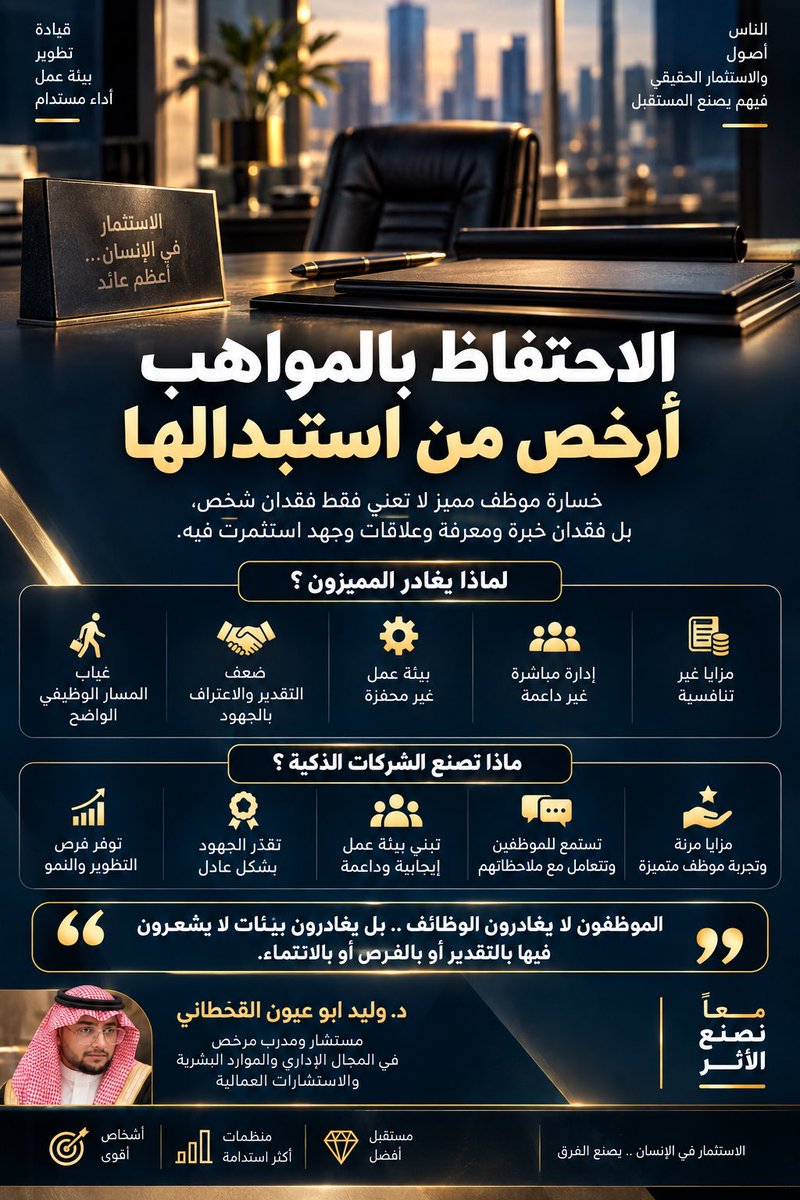 waleedabuayoon's tweet photo. لا تنتظر مقابلة الخروج لتعرف لماذا خسرتم أفضل موظفيكم.
استمع قبل أن يغادر، وقدّر قبل أن يبحث عن التقدير في مكان آخر.
الاحتفاظ بالمواهب قيادة… وليس إجراءً.

إدارة_المواهب #الموارد_البشرية #القيادة #تجربة_الموظف #الثقافة_المؤسسية https://t.co/EmEtCVrLch