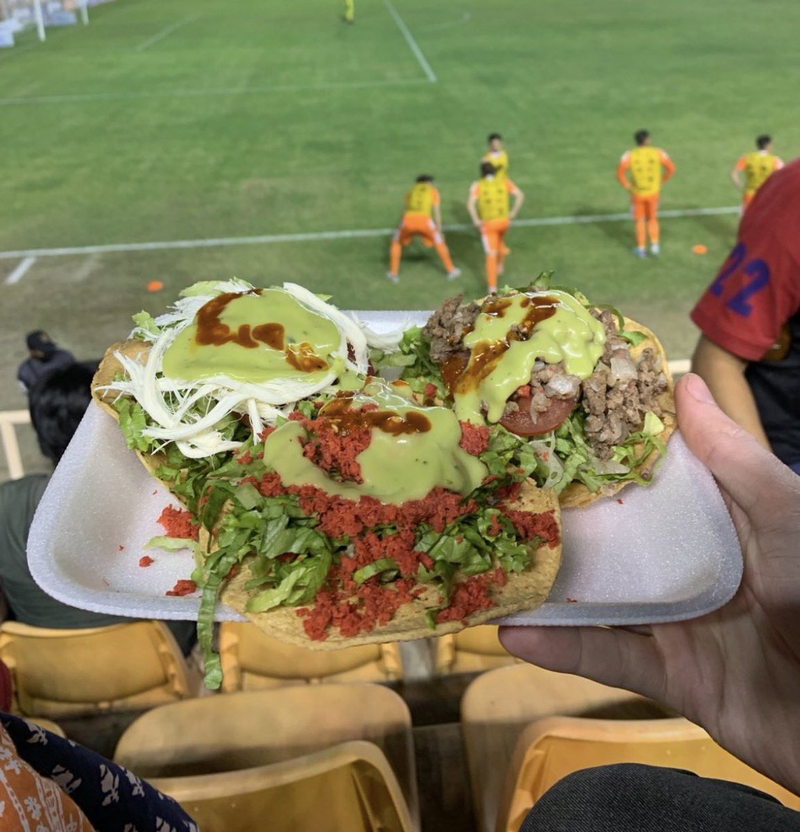 SportScran's tweet photo. Three tostada’s at Alebrijes de Oaxaca 

🇲🇽 50 peso (£2.19) ⚽️ https://t.co/EkIVLjcO4Y