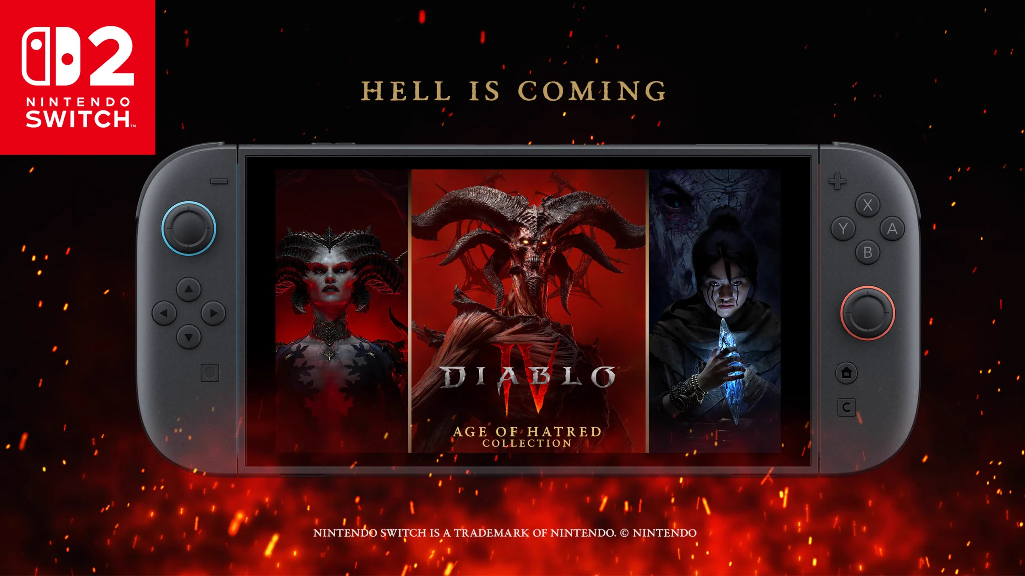 Concept art of the new Diablo IV depicting the new Amazon class in red armor and a winged helmet wielding a shield and lightning sword against three demonic mermaid-like creatures with red fins, gray skin, and long green fish tails. Behind them all is a fallen statue of a horned demon in a desolate, dry wasteland area.