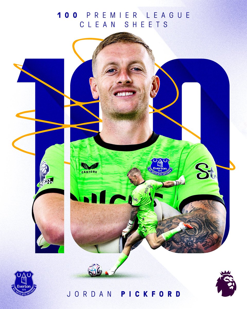 Everton's tweet photo. A century of @premierleague clean sheets for our No. 1, and England's No. 1. What an achievement, JP1 👏 https://t.co/AxUia5K0dn