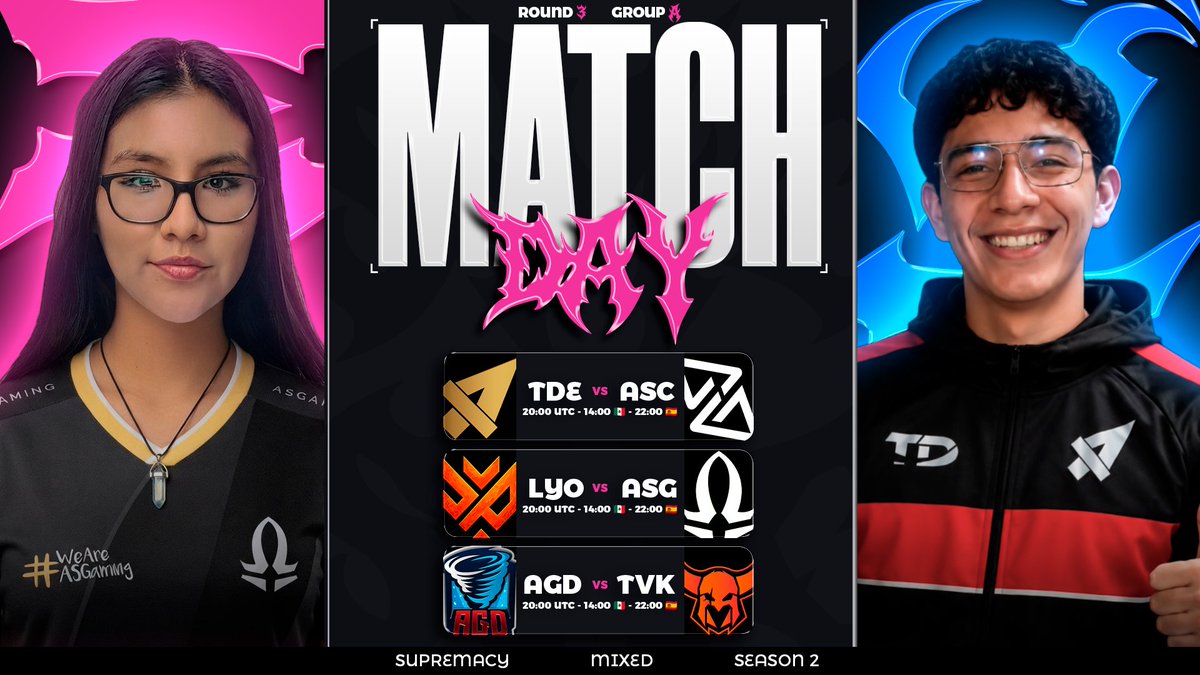 CR_Supremacy's tweet photo. 🚹️🚺 𝐌𝐀𝐓𝐂𝐇𝐃𝐀𝐘 - 𝐑𝐎𝐔𝐍𝐃 𝟑 - 𝐃𝐀𝐘 𝟏 ⚔️

🔥 WE’VE REACHED THE HALFWAY POINT OF THE MIXED EDITION GROUP STAGE! ⚔️

Today, Group A takes center stage with 3 crucial battles that could shake up the standings! 📊🏆

Every point matters as the race for qualification heats up. 👀🔥

🇨🇱 @TDelta_CR 🆚 @AscentGamingGG 🇵🇪
⏰: 20:00 UTC - 14:00 🇲🇽 - 22:00 🇪🇸
📺🇪🇸: https://t.co/TOheAE1nmv
📺🇪🇸: https://t.co/q5vw0ORYno
🎙️🇪🇸: @Recameca

🇪🇸 @LyokFox_ 🆚 @_AS_Gaming 🇵🇪
⏰: 21:00 UTC - 15:00 🇲🇽 - 23:00 🇪🇸
📺🇪🇸: https://t.co/TOheAE1nmv
📺🇪🇸: https://t.co/q5vw0ORYno
🎙️🇪🇸: @Recameca

🇲🇽 @AGD_eSports 🆚 @TeamVikings_CR 🇲🇽
⏰: 22:00 UTC - 16:00 🇲🇽 - 00:00 🇪🇸
📺🇪🇸: https://t.co/TOheAE1nmv
📺🇪🇸: https://t.co/q5vw0ORYno
🎙️🇪🇸: @Recameca

#SMCY2026 #WeAreSL #ClashRoyale