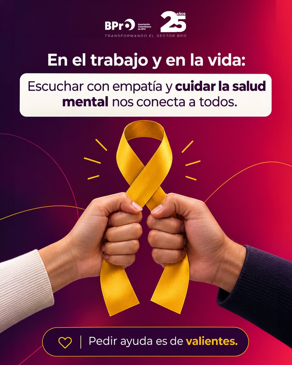 BPrO_org's tweet photo. Escuchar con empatía nos conecta a todos.

En BPrO te recordamos que la salud mental importa todos los días, tanto en la oficina como en nuestro entorno personal. Un "aquí estoy", una escucha sin juzgar y una mano amiga pueden transformar una vida.

Pedir ayuda es de valientes. Si necesitas apoyo o conoces a alguien que esté pasando por un momento complejo, busca las líneas de orientación psicológica de tu ciudad o empresa. No estás solo(a). 

#BPrO #SaludMental #PedirAyudaEsDeValientes #TuVidaImporta #Bienestar