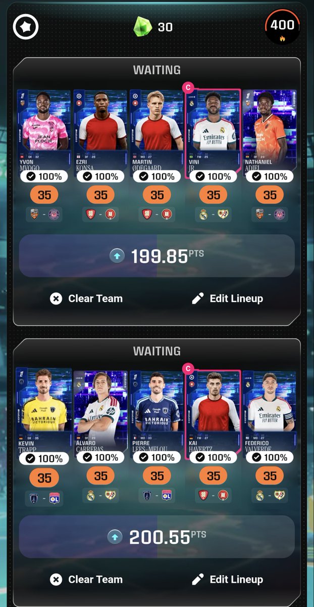 nemesisorare's tweet photo. Pretty poor performance for the first 2 lives. Hoping these guys can do the business so I can use Barca &amp; City for stage 5 tomorrow.
If not, back to essence tiers tomorrow 😂 

#sorare https://t.co/ESbKN2Qw5U