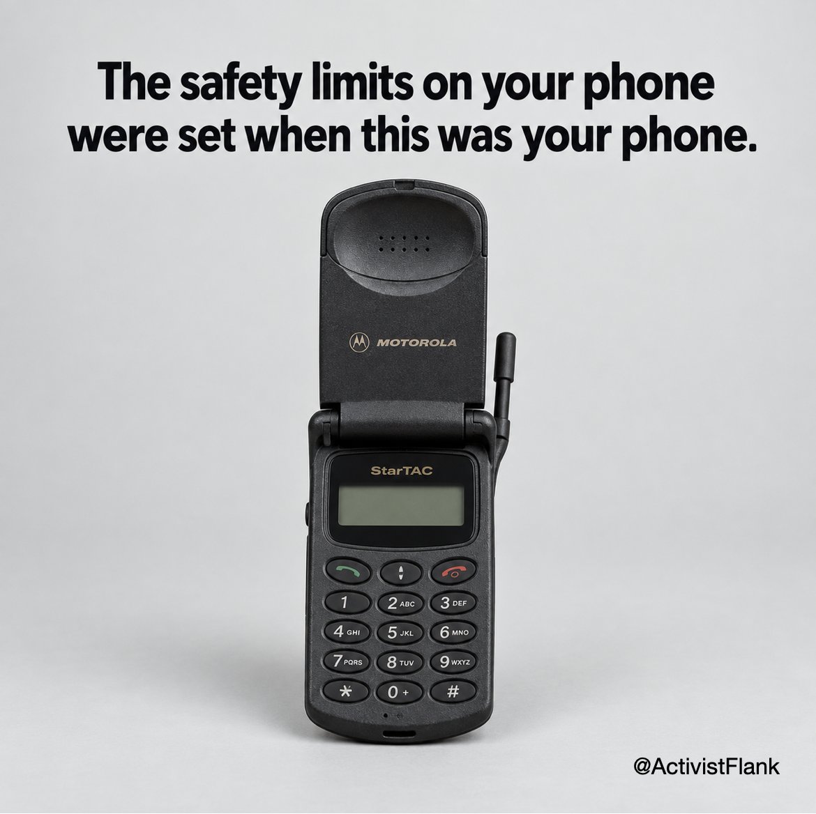 ActivistFlank's tweet photo. The FCC's radiofrequency exposure guidelines were adopted in 1996 and have not been updated since. Everything else about how you use a phone has changed. The limits have not. https://t.co/S7Y4Yt4okH