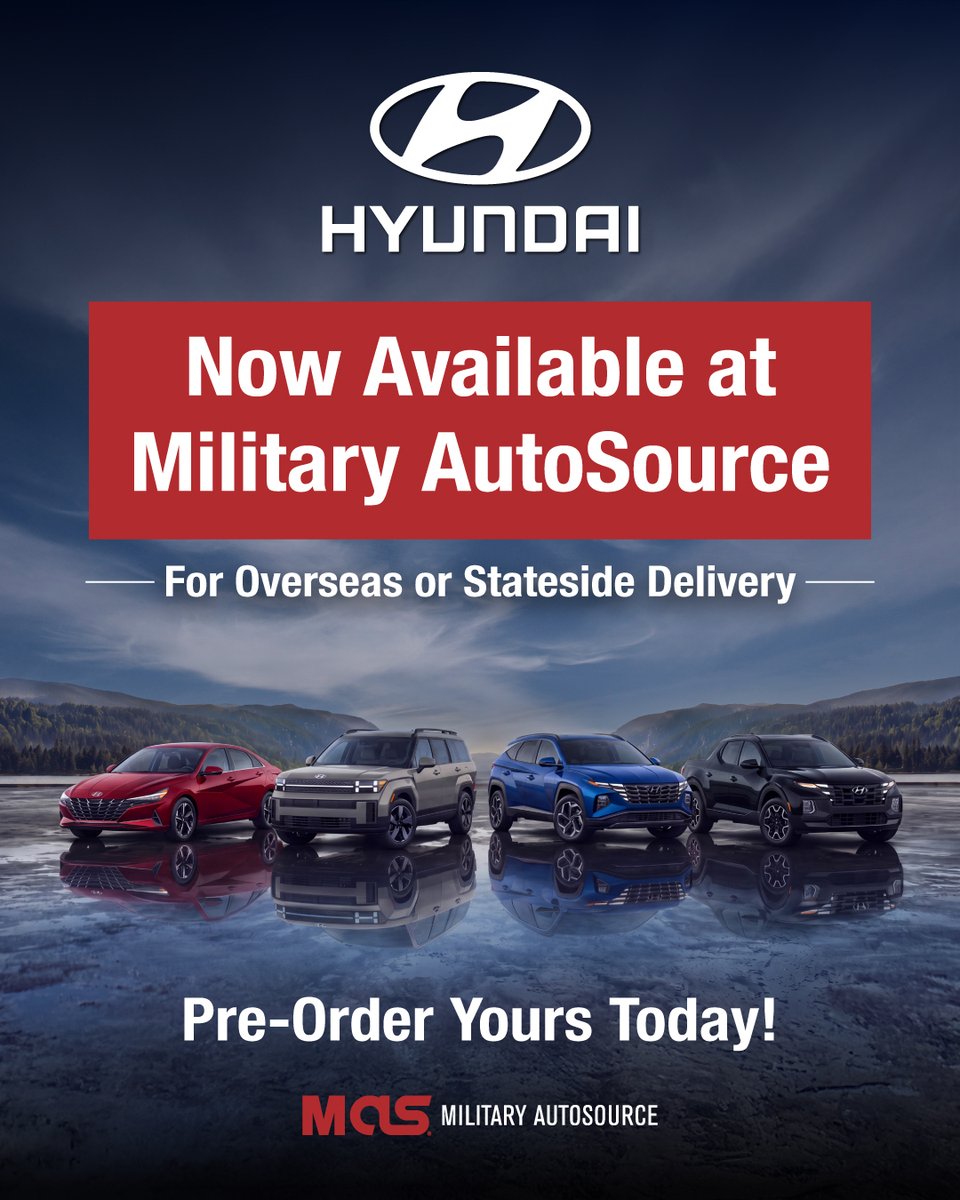 LanceCharll3's tweet photo. Big news: Hyundai is now available with your OCONUS military car-buying benefits. Explore award-winning sedans, crossovers, and SUVs at Military AutoSource. Pre-order today for local or stateside delivery. https://t.co/XNH1je2lro