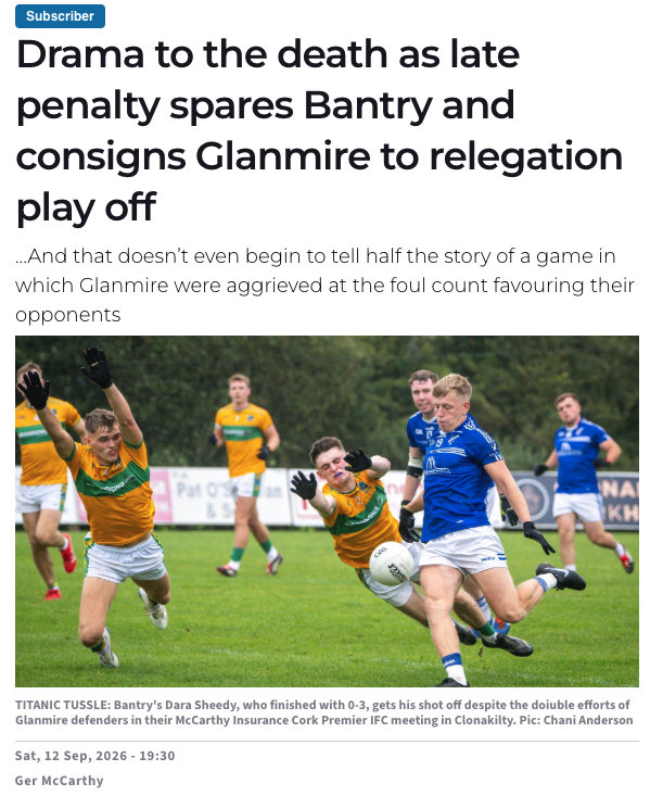 germccarthy74's tweet photo. Drama to the death as late penalty spares @bantryblues  and consigns @GlanmireGAA  to a @mig_ie @OfficialCorkGAA PIFC relegation play-off.

My @irishexaminer @ExaminerSport dispatch from a drama-filled game in Ahamilla. (Subscriber)

https://t.co/bDLQEHOtJu https://t.co/MOFCK0dULh