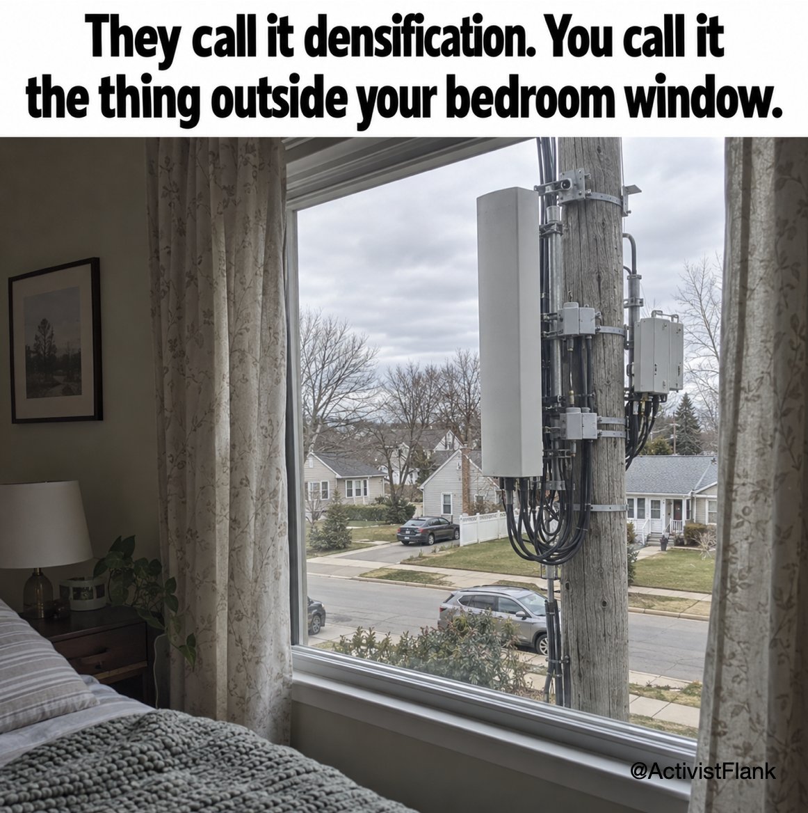 ActivistFlank's tweet photo. Small cell deployment puts transmitting equipment in the public right of way at roughly the height of a second-story window. Under Section 704, your local government cannot refuse it on health grounds. https://t.co/P6xhyAsLLM