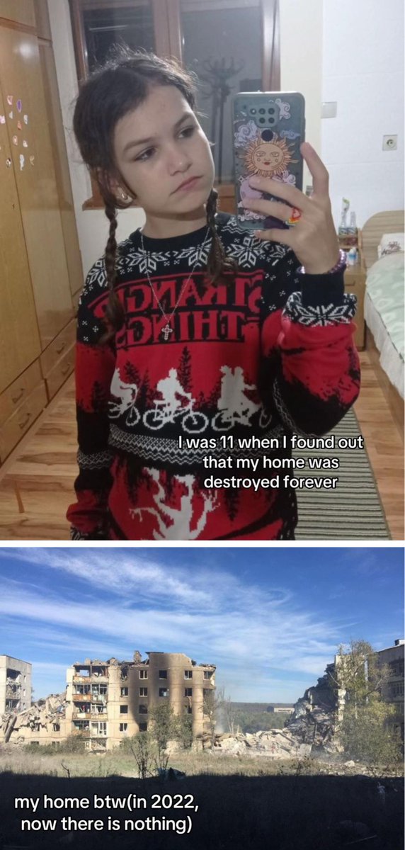 victoriaslog's tweet photo. The story of Katya from Bakhmut, Donetsk region:

▪️ She was 3 when Russia first attacked her city
▪️ She was 4 when her city was occupied for the first time
▪️ She was 11 when she was forced to flee her home
▪️ She was 11 when Russia destroyed her home
▪️ She was 11 when Russia destroyed her city completely
▪️ Now she’s 15, still living through constant explosions and forced to study online because of them

Katya has spent almost her entire life living with Russia’s war. She will never forgive russians for stealing her peace, her home, and her childhood.