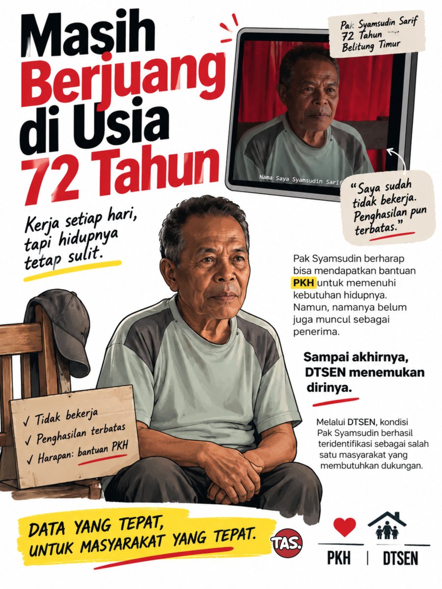 Lihat_Akoe's tweet photo. Pak Syamsudin Sarif berusia 72 tahun, tak bekerja dan penghasilannya terbatas, berharap mendapat bantuan PKH namun belum pernah terdaftar. Akhirnya DTSEN menemukan dan mengenali kondisinya. Reformasi Bansos memastikan mereka yang berjuang tetap diperhatikan. #DesilTepatSasaran https://t.co/4DGVG1dtb1