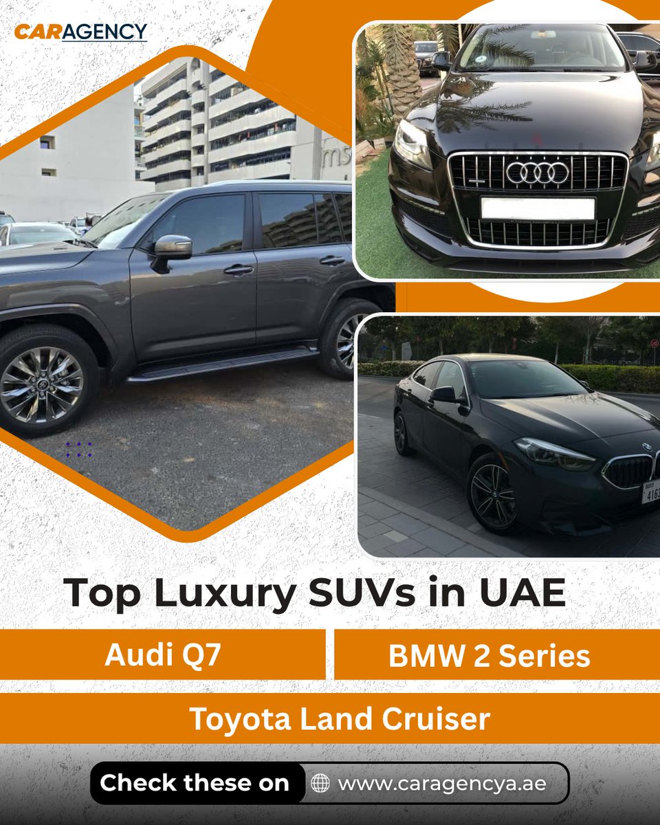 HazelBouldin's tweet photo. Elevate your UAE driving experience with a luxury SUV built for city cruising and desert adventures. Enjoy premium comfort, advanced technology, and powerful performance in models like the Toyota Land Cruiser, Audi Q7, and BMW 2 Series. https://t.co/B9FD4gtot5