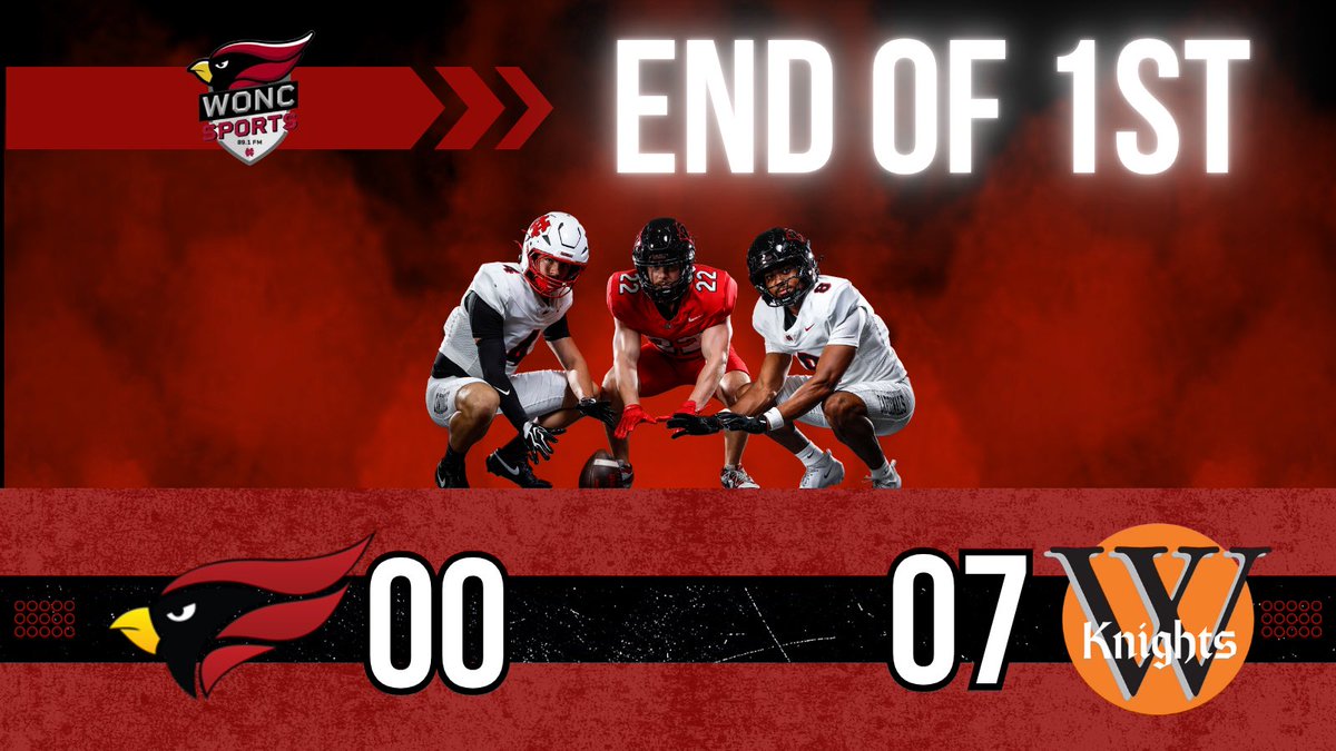 WONCSports's tweet photo. End of the 1st quarter score is 
Warburg Knights 7 - NCC Cardinals 0 https://t.co/dUEZqM8JvY
