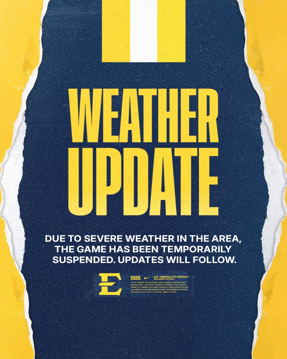 ETSUFootball's tweet photo. Due to severe weather in the area, the game has been temporarily suspended. Updates will follow.  

#GoBucs | #BUCkleUp https://t.co/p4g9DN7KCe