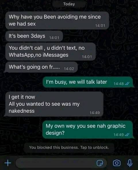 EdwinJinka's tweet photo. Women,
Do not take a man's reaction with you after pre-marital sex personal.
He's just reacting to what he felt truly for you.
If a man really did feel a deep sense of LOVE for you, after pre-marital sex, he'll stick the more.
If he was only horny and looking for a place to empty his bag of sperms, after pre-marital sex, he'll start acting strange.
Many Men can't different between LUST And LOVE.
They are being opened up to the reality of what they really felt for you after they've cum.
So a Man can LUST after you for two years.. buying gifts and stuffs And you might fall for it thinking it's LOVE.
Some even LUST their way into marriage. It's not easy to find that One person that your heart truly beats for.
Trust me...if you are the one, even after that mistake of pre-marital sex, 90% of the men would stick.
A Man only reveals what he truly felt for you after pre-marital sex.
If he doesn't stick, count your looses and move.
Don't hang around crying... after all you enjoyed the process too.