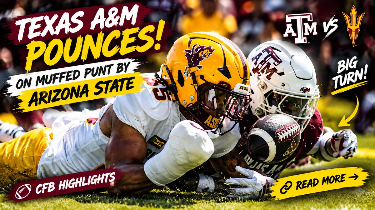 S_car_let_t's tweet photo. 🔥🏈 WHAT A TURN!

Texas A&amp;M pounces on a muffed punt by Arizona State! 😱 The Aggies capitalize on a huge special-teams mistake.

👉 Read the full story : https://t.co/6BOqfuojhD

#CFB #CollegeFootball #TAMU #Aggies #ArizonaState https://t.co/pPxAfefHOw