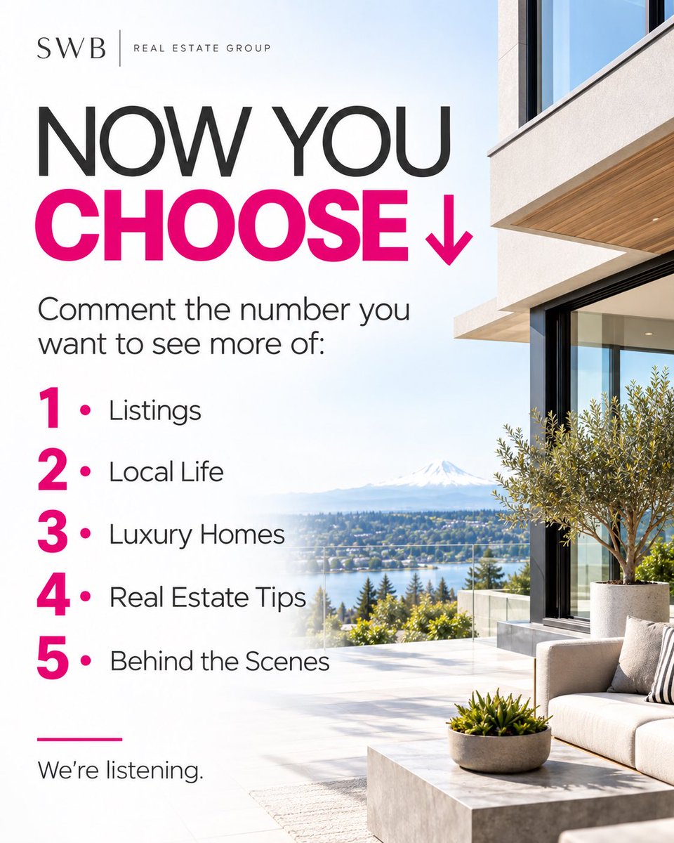 SWBGroup's tweet photo. Your feed, your choice 👀🏡

What do you want to see MORE of from SWB, new listings, local Vancouver favorites, luxury home tours, real estate tips, or behind the scenes?

Comment your number below ↓ We’re listening. 💗

#RealEstate #Vancouver #WA #ClarkCounty https://t.co/1w9aV9qU3h