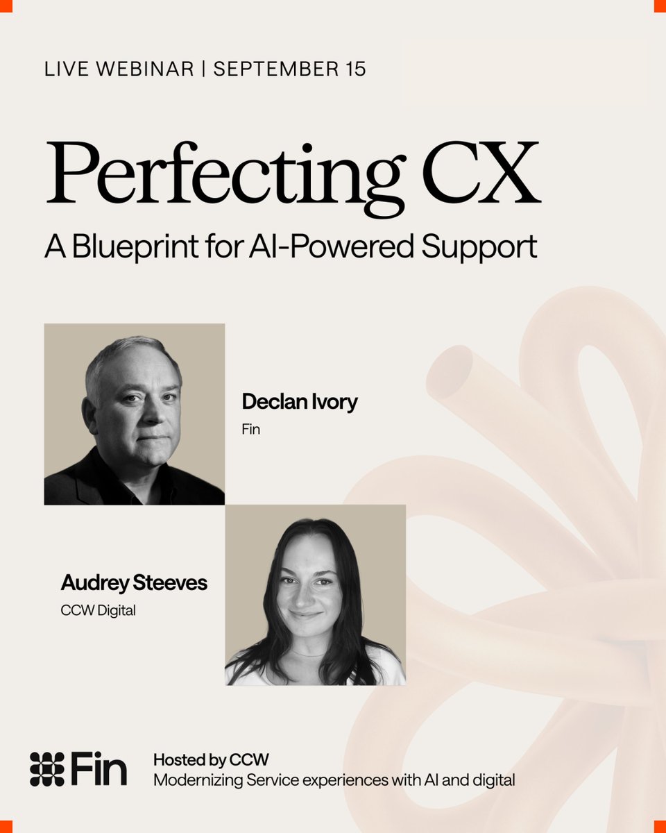 fin_ai's tweet photo. Immediate, continuous customer service is the baseline expectation in 2026, which is why AI Agents must be built to remember customers and take instant action.

On September 15, Declan Ivory, our VP of Customer Support, will join Audrey Steeves, at CCW Digital, for a session on how to perfect your CX, sharing a blueprint for AI-powered support that his team have implemented at Fin.

Register below to attend, link in comments.