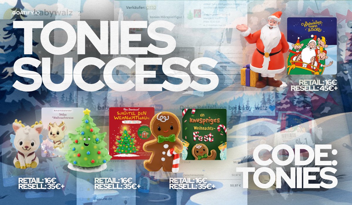 GoatifyIO's tweet photo. Christmas season = money season. 🎄💸

These Tonies are proving there’s serious resale potential:
🔥 €16 retail → €35+ resale
🎅 €16 retail → €45+ resale https://t.co/yMQdQV5IYm