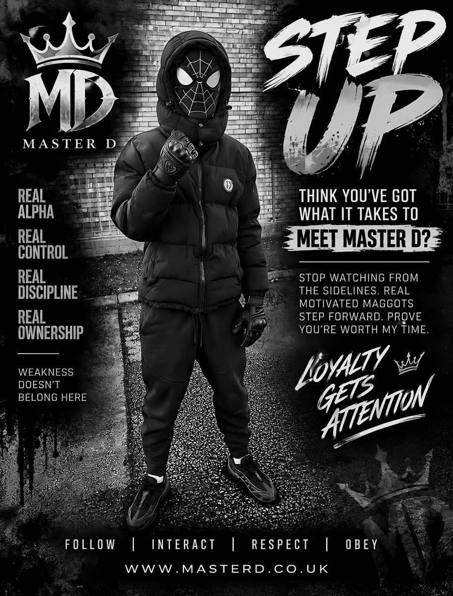 UKScallyAlpha's tweet photo. Too many maggots sit behind a screen watching, talking and pretending. The genuinely loyal ones step forward.

If you want Master D’s attention, earn it.
⚫ Follow
⚫ Interact
⚫ Show respect
⚫ Be consistent
⚫ Step up with confidence

No empty talk. No wasting my time. Actions get noticed.

👑 MASTER D
🌐 https://t.co/avNVuM52Aj

#MasterD #StepUp #Loyalty #Respect #Discipline #Findom #Alpha #Scally #Master #ComeCorrect