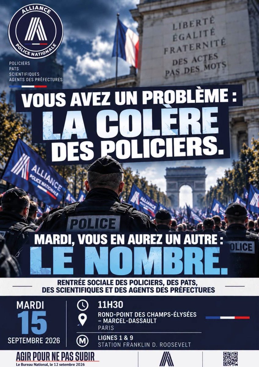 lolitazemorita's tweet photo. 🚨 VOUS AVEZ UN PROBLÈME :
LA COLÈRE DES POLICIERS.

👮‍♂️ MARDI, VOUS EN AUREZ UN AUTRE :
LE NOMBRE.

🇫🇷 RENTRÉE SOCIALE DES POLICIERS, DES PATS,
DES SCIENTIFIQUES ET DES AGENTS DES PRÉFECTURES

📅 MARDI 15 SEPTEMBRE 2026

🕦 11H30

📍 ROND-POINT DES CHAMPS-ÉLYSÉES
– MARCEL-DASSAULT
PARIS

🚇 LIGNES 1 & 9
STATION FRANKLIN D. ROOSEVELT

#AlliancePoliceNationale #Policiers #15Septembre #Mobilisation #RentréeSociale #ColèreDesPoliciers #PATS #Scientifiques #AgentsDesPréfectures #Paris #ChampsÉlysées #AgirPourNePasSubir
