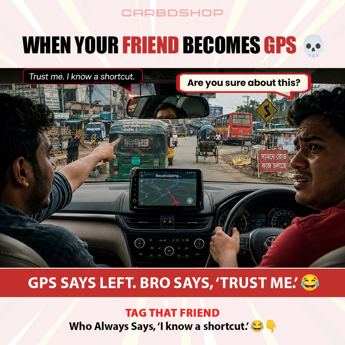 DonovanWinbt4h's tweet photo. When your friend becomes the GPS: Google Maps says, “Turn left. ” Bro says, “Trust me. ” Somehow you’re on a road even Google has never seen. Every driver has that friend. https://t.co/c6nDsttmm5