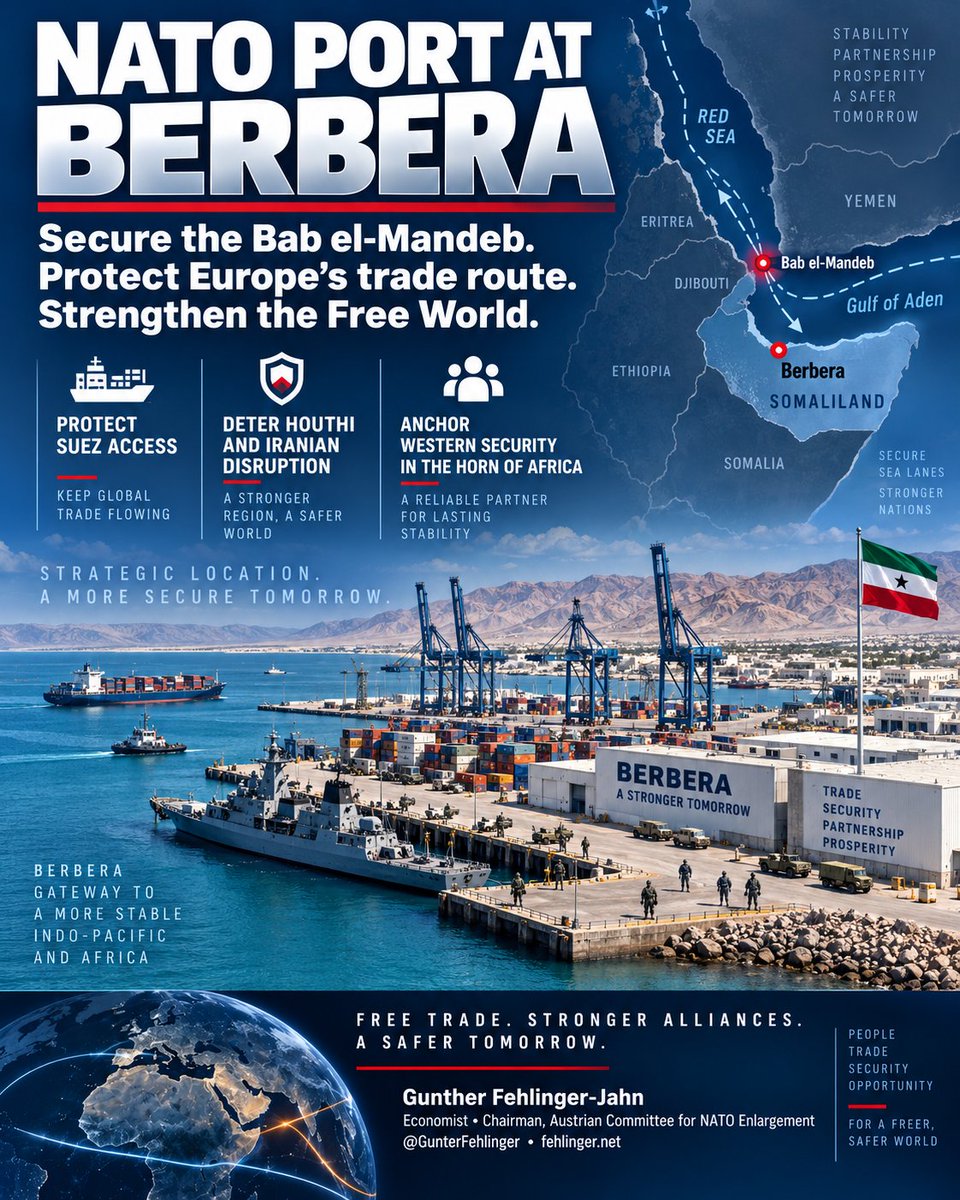 GunterFehlinger's tweet photo. I WANT A NATO PORT AT BERBERA. 🇸🇴⚓️🌍 Berbera is one of the most strategically valuable locations on the Gulf of Aden. From Somaliland, the Free World can help secure the Bab el-Mandeb, protect access to the Suez Canal, defend European–Asian trade routes and deter Houthi and Iranian disruption of international shipping. My proposal is clear: recognize Somaliland, conclude a long-term strategic security partnership with Hargeisa and develop Berbera into a permanent Western naval and logistics hub available to NATO allies and partners. Somaliland has demonstrated stability, strategic orientation and willingness to cooperate with Europe, the United States and the United Kingdom. We should respond with partnership, investment and security cooperation. The Red Sea and Gulf of Aden are lifelines of European prosperity. We cannot simply watch while hostile forces threaten them. Berbera can become an anchor of Western security in the Horn of Africa. Recognize Somaliland. Secure Berbera. Protect Bab el-Mandeb. Defend Suez. Strengthen the Free World. — Gunther Fehlinger-Jahn, Chairman, Austrian Committee for NATO Enlargement 🇪🇺🇺🇸🇬🇧🇸🇴 #Somaliland #Berbera #NATO #BabElMandeb #RedSea #GulfOfAden #Suez #MaritimeSecurity #HornOfAfrica #FreeWorld #Europe #Security #Trade #Hargeisa