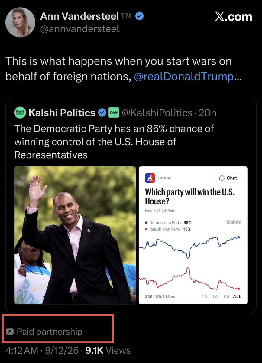 realjoshuareid's tweet photo. Let me help you here Ann with your “paid partnership”

Kalshi is an international bet and wager platform made up of primarily pseudo-anonymous bets. (Meaning me don’t know their identity or country of origin)

This means that it is not a poll nor is it a reflection U.S voters.  

Foreign Influence can work in many ways. 

One of them is through platforms like Kalshi or Polymarket where foreign actors purchase wagers on the Democrats. 

Millions of dollars flow into it and then those platforms run paid partnerships to amplify the messaging. 

That is a foreign influence operation to manipulate the decision making of U.S voters. 

As for “behalf of foreign nations” — 

I’d be happy to discuss with you why that whole narrative of “Israel influenced Trump on Iran”. That’s bullshit.