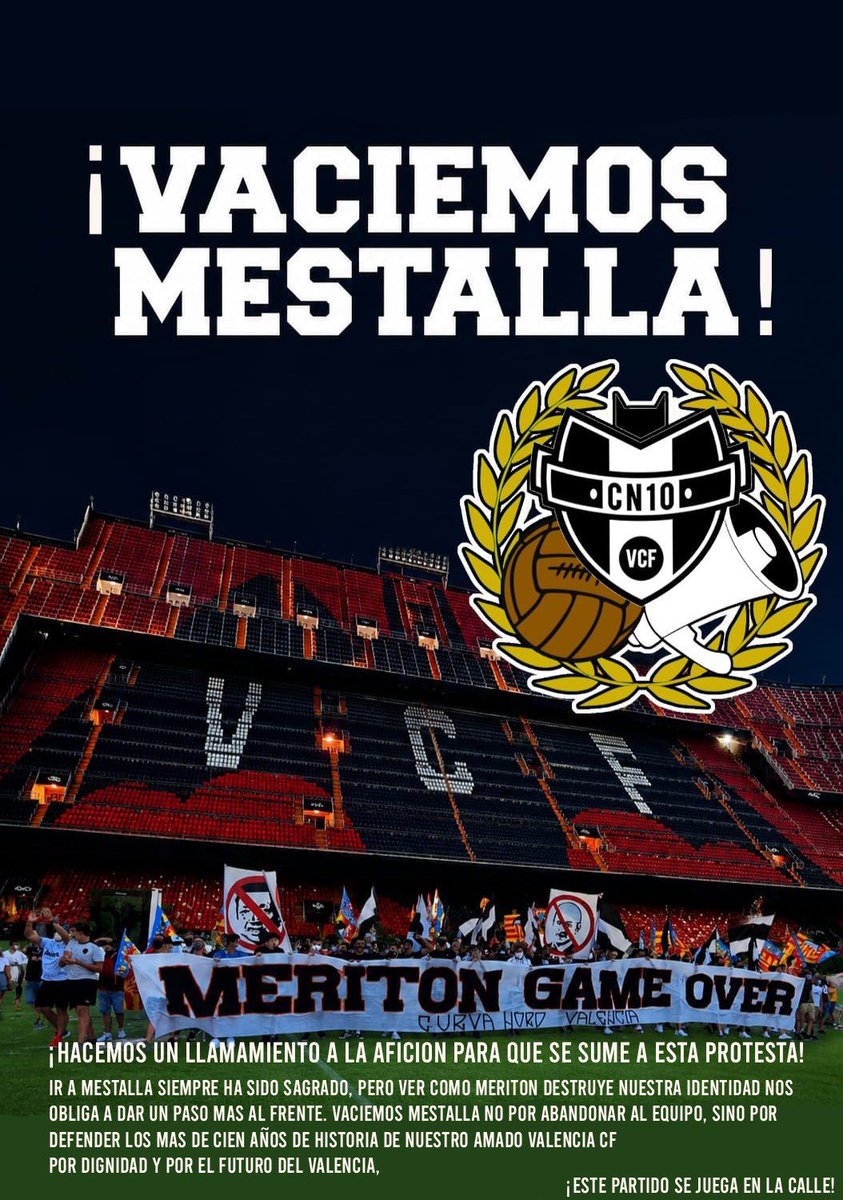CN10_VLC's tweet photo. VACIEMOS MESTALLA.
EL próximo domingo Curva Nord como grupo no entrará a la grada y, por tanto, no habrá animación durante el partido.

Por el futuro del Valencia CF pedimos al resto de Mestalla que se una a esta protesta. https://t.co/J3fO3loxMN