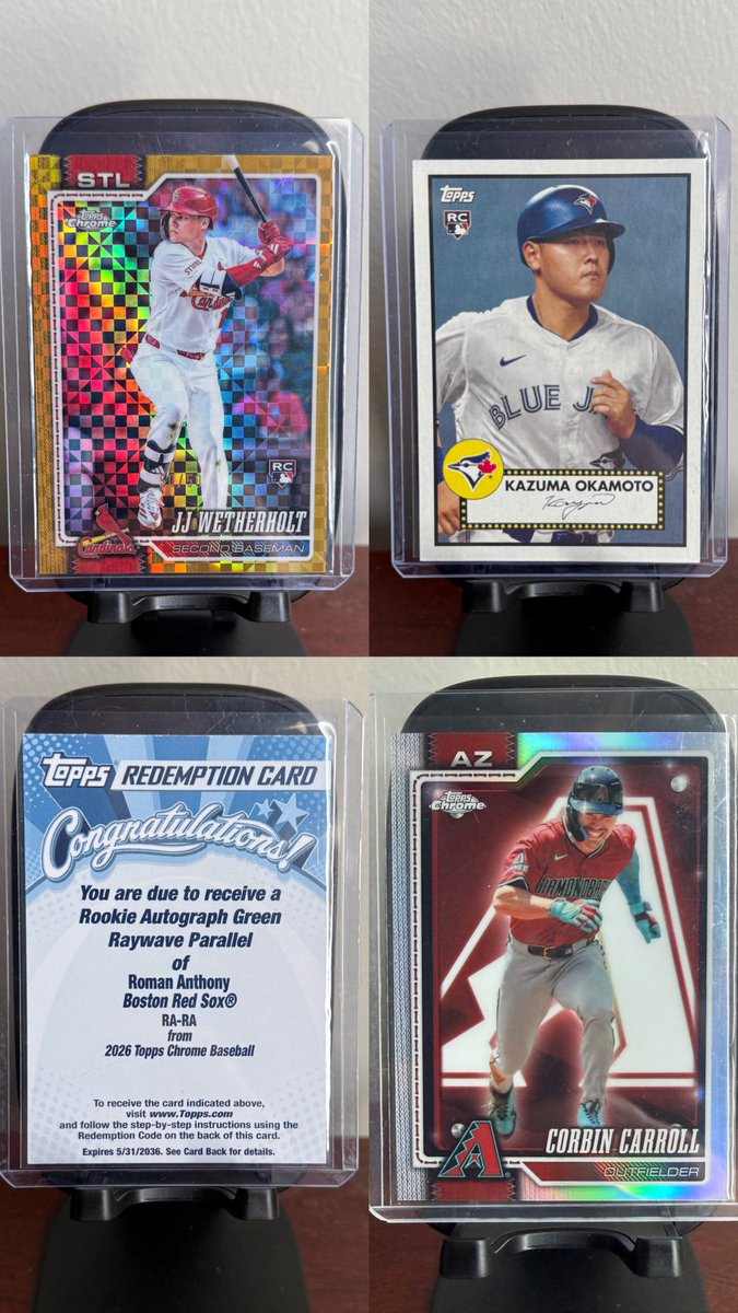 OmarStevens5's tweet photo. @CardPurchaser JJ Wetherholt Bookend 50/50
$200

Kazuma Okamoto 1952 variation
$200

Roman Anthony Redemption
$400

Corbin Carrol Lightboard
$40 https://t.co/PSyp5ccurI
