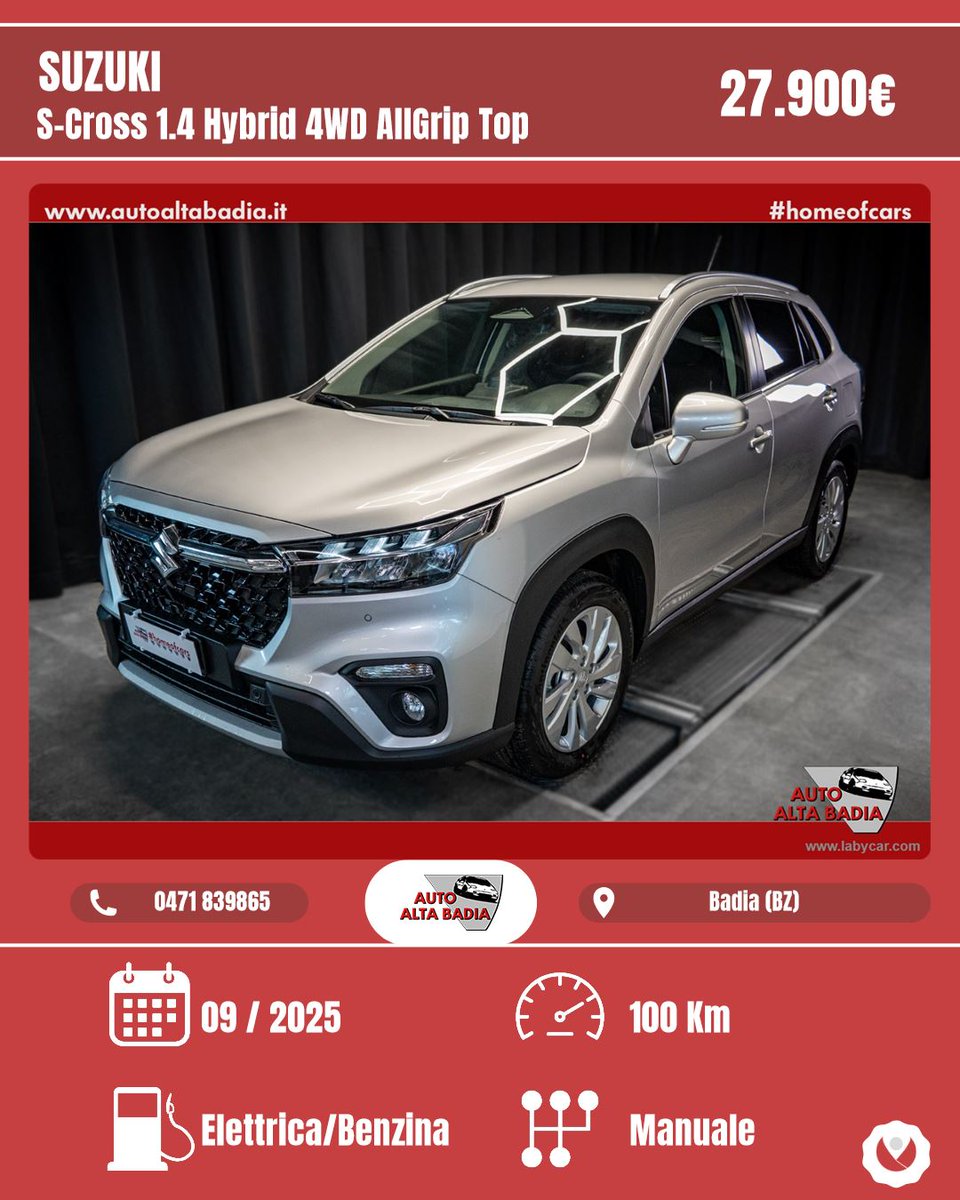 LitaChars's tweet photo. SUZUKI S-Cross 1. 4 Hybrid 4WD AllGrip Top

27. 900€
09/2025
Manuale, 5 porte, 5 posti
Elettrica/Benzina
95 kW (129 CV)
Badia (BZ) https://t.co/1MFvUswN1D