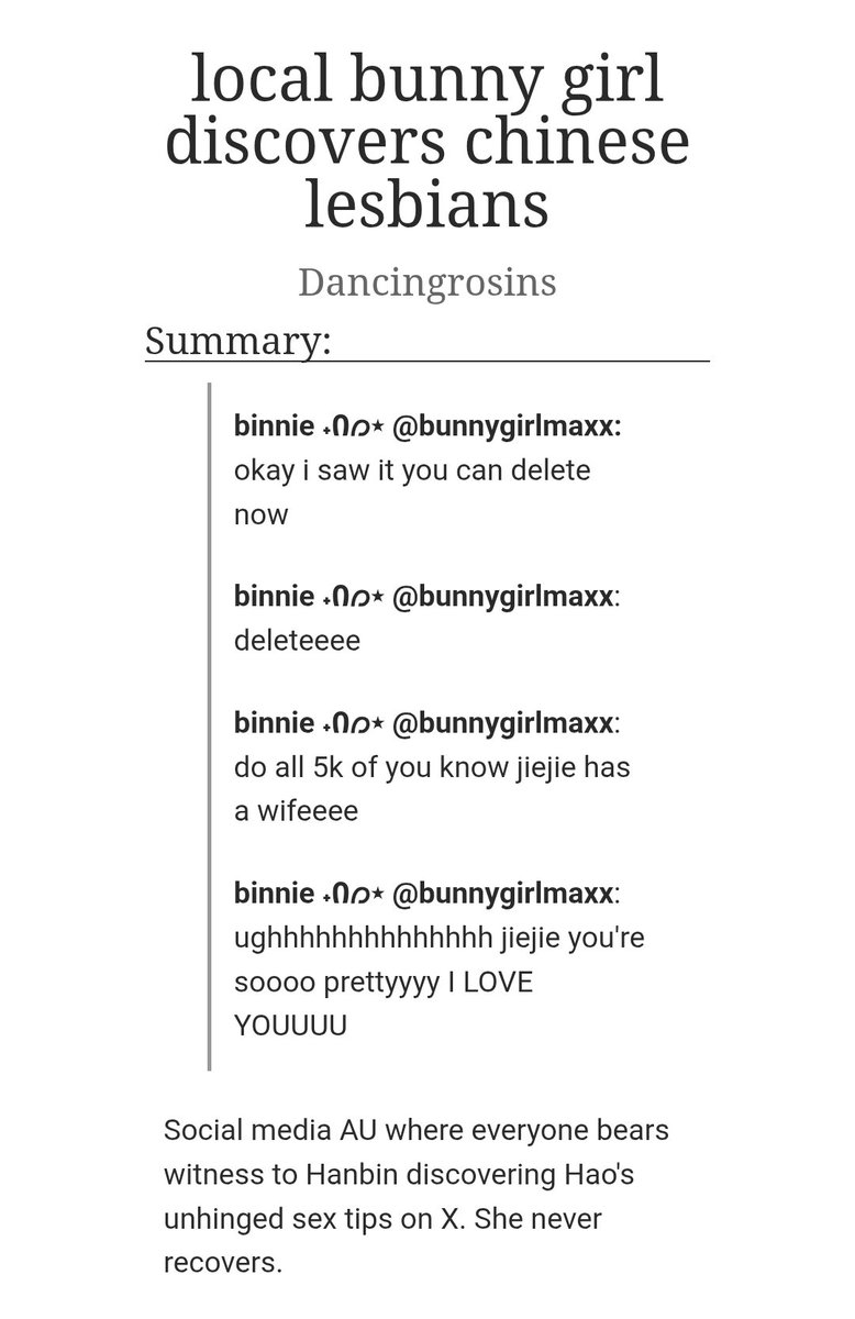 dancingrosins's tweet photo. local bunny girl discovers chinese lesbians

✯ social media au 
✯ fem bnb (rated M) 8.7k
✯ twitter, crack treated seriously, fluff, pining, POV outsider, thirst Tweets, mixed media
✯ everyone bears witness to bin discovering neul's unhinged twts. 

https://t.co/UdAkfXOfLl https://t.co/hqVji5LGMY