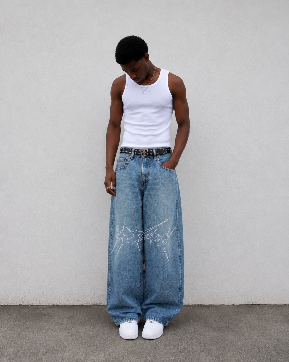 forthylostdays's tweet photo. —WRAITH DENIM PANTS.

*wide leg silhouette. 
*washed blue denim finish.
*signature front graphic.
*classic 5—pocket construction. 
*Metal hardware(button closure &amp; rivet details).
*contrast stitching/relaxed proportions.

NGN 22,999. https://t.co/btppyDrWo6