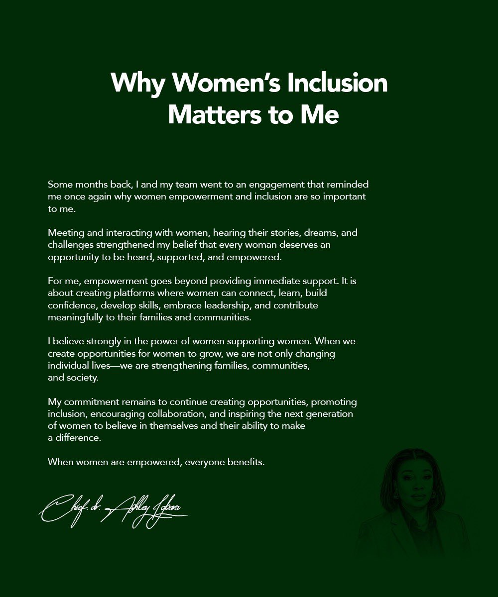 ashley_igbara's tweet photo. Meeting and interacting with women, hearing their stories, dreams, and 
challenges strengthened my belief that every woman deserves an 
opportunity to be heard, supported, and empowered.

*Chief. Dr. Ashley Igbara https://t.co/JYqzRzTMq7
