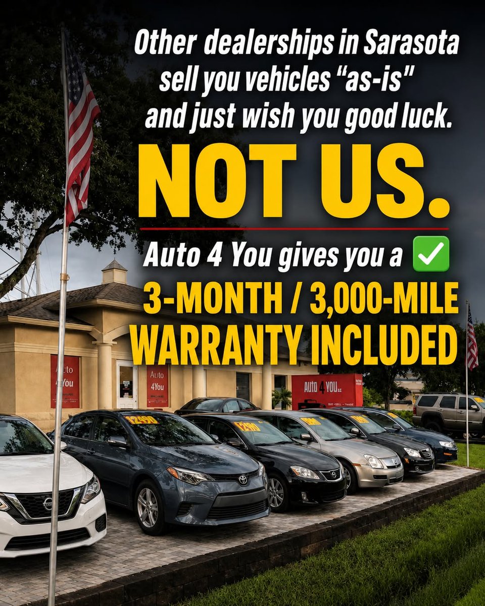 KendallAppxk's tweet photo. Stop buying someone else’s problem. At AUTO 4 YOU INC., every vehicle includes a 3-month/3, 000-mile warranty. No extra fees or fine print. Reliable used cars in Sarasota, ready today. Get approved with no credit score impact. https://t.co/PZX7Vgteyk