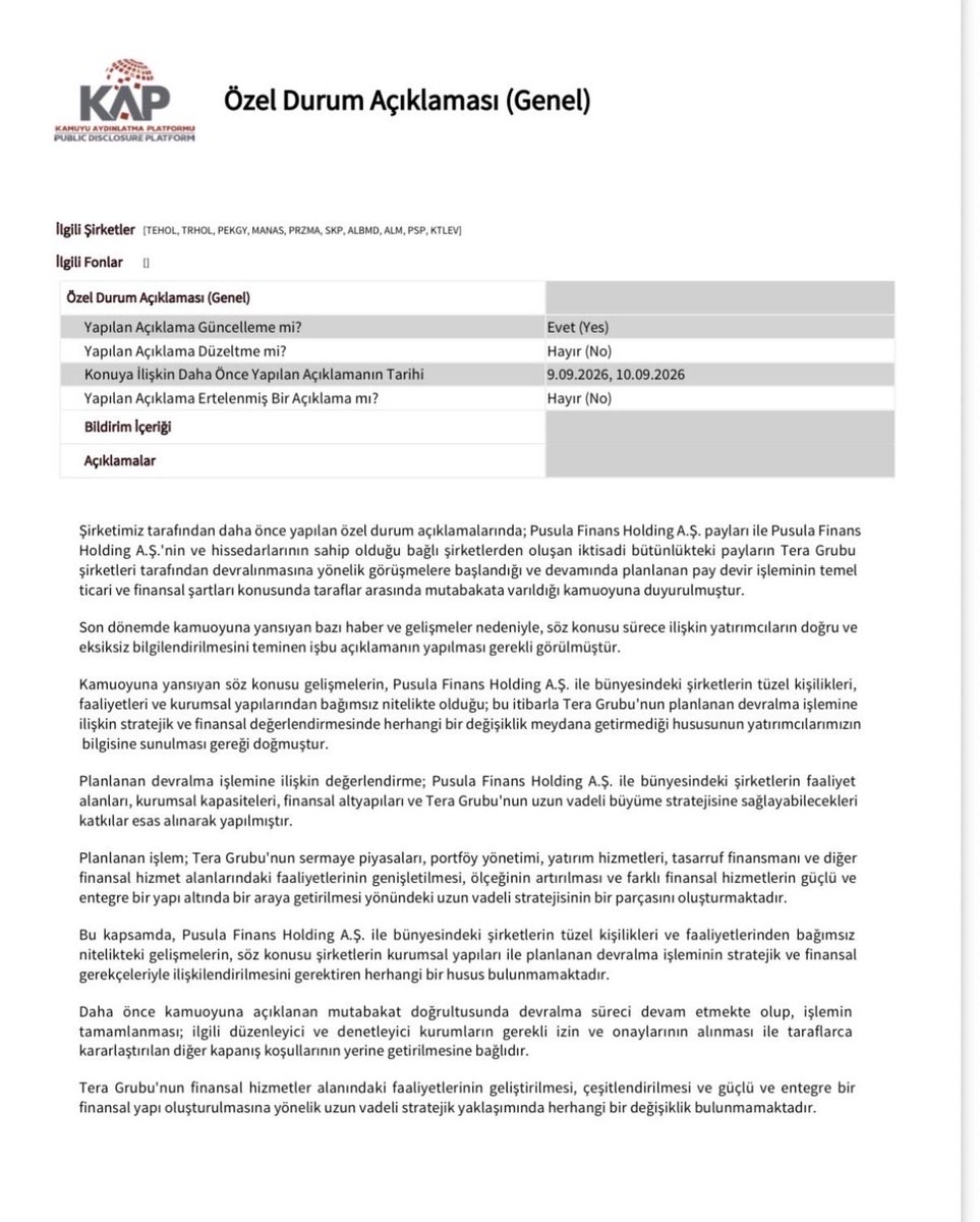 Finansal0644's tweet photo. Tera Grubu'nun planlanan devralma işlemine ilişkin stratejik ve finansal değerlendirmesinde herhangi bir değişiklik meydana getirmediği hususunun yatırımcılarımızın bilgisine sunulması gereği doğmuştur. #TERA #KTLEV https://t.co/IJ1xobwb0q