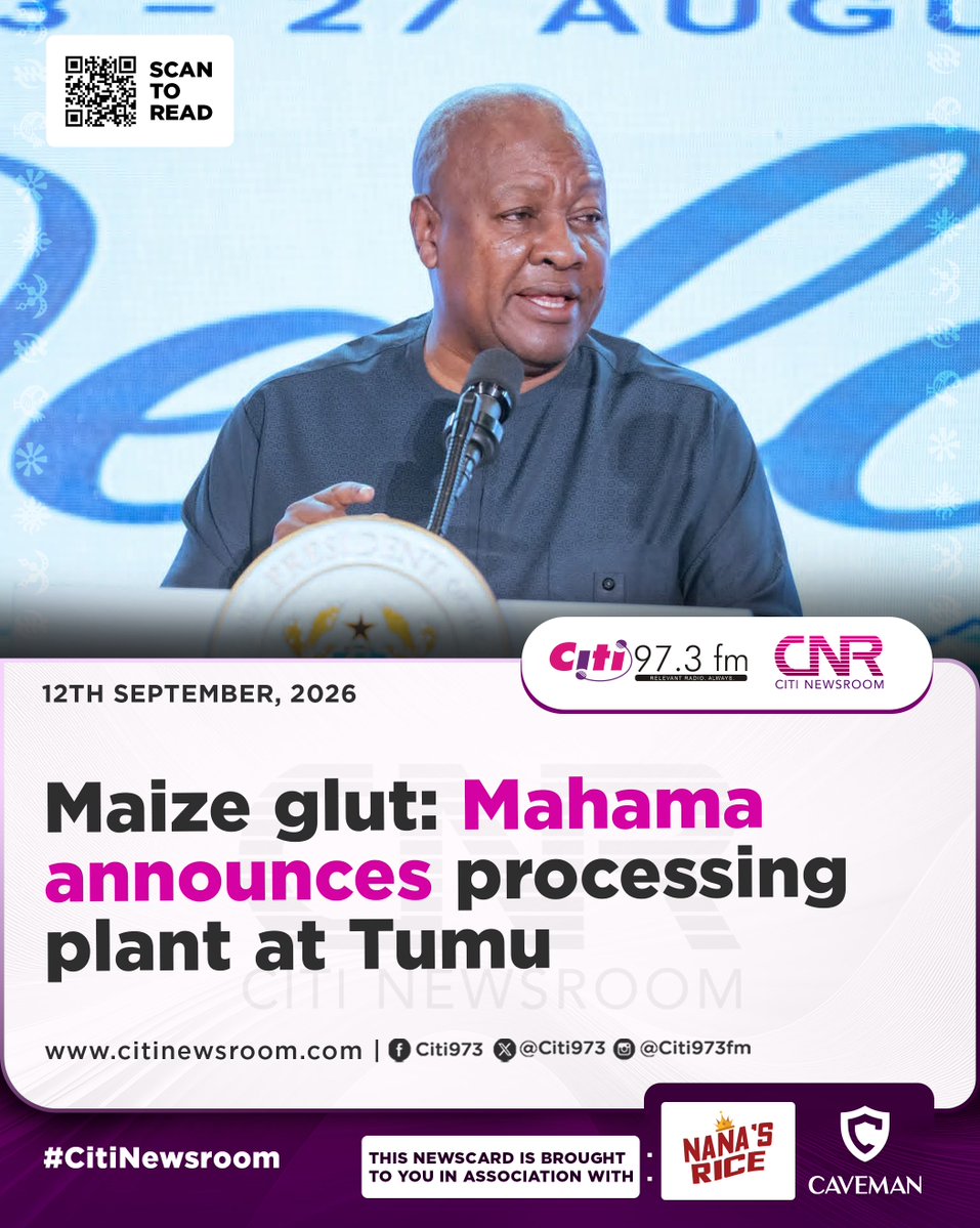 Citi973's tweet photo. President John Dramani Mahama has announced plans to establish a maize processing plant in the Sissala area of the Upper West Region to help address the persistent glut affecting maize farmers.

More here: https://t.co/ICSKwfKRQw

#CitiNewsroom #CitiFM #GhanaNews https://t.co/svphqyeX0d
