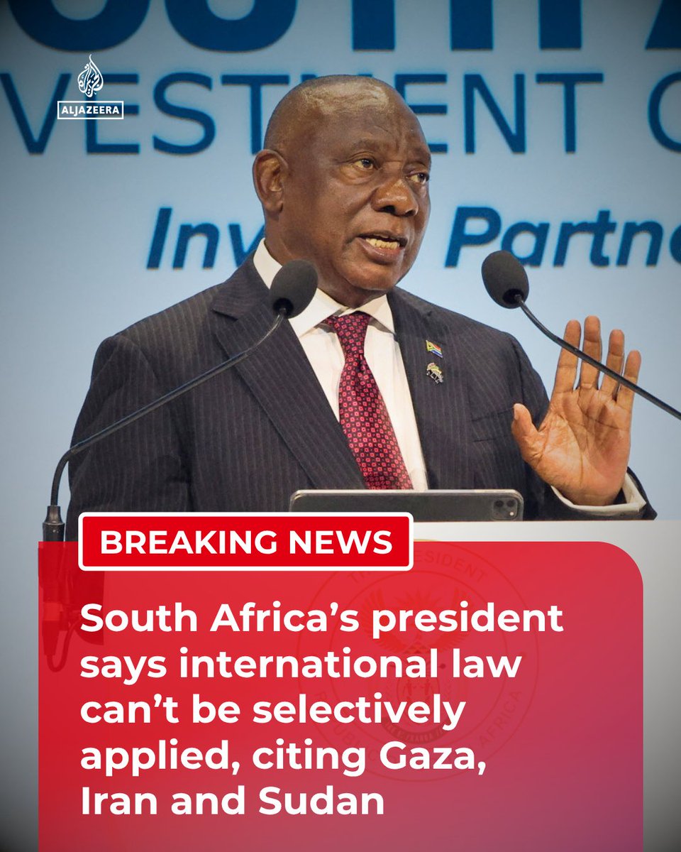 AJEnglish's tweet photo. BREAKING: South Africa's President Ramaphosa calls for accountability for “atrocities, for the ongoing genocide against the people of Palestine, for the crimes committed against the people of Sudan, and for the illegal war against Iran.”

🔴 LIVE updates: https://t.co/X8YQcyk1Ik https://t.co/yFtWsX7kVN