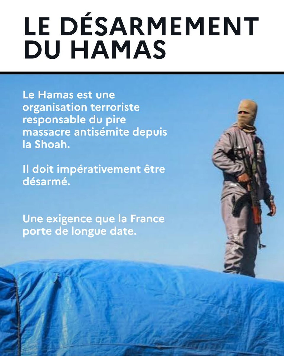 francediplo's tweet photo. Le Hamas, organisation terroriste responsable du pire massacre  antisémite depuis la Shoah, doit être désarmé et ne doit plus gouverner  Gaza https://t.co/G8qEBNMxTC