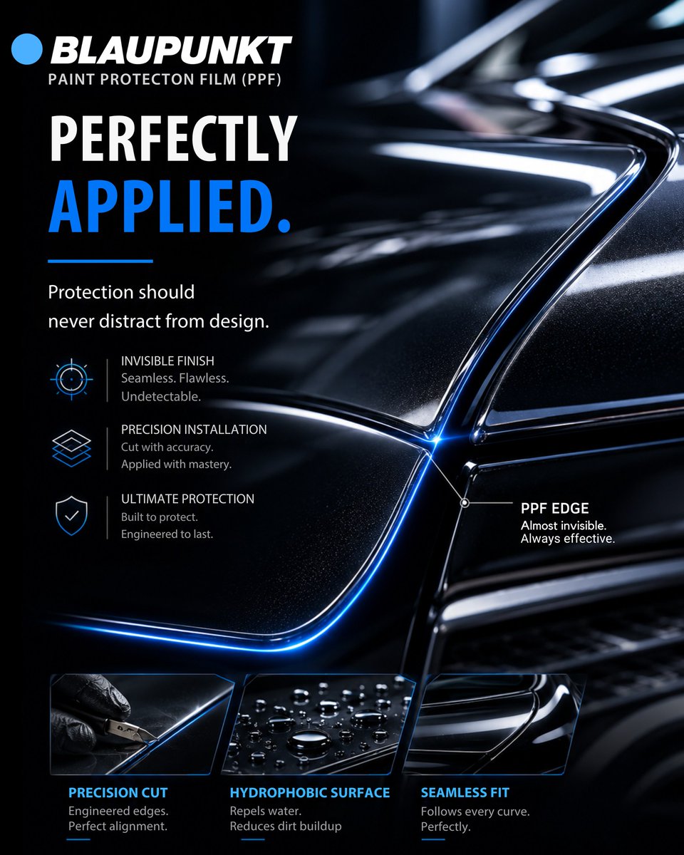 JoneCoston's tweet photo. Every curve. Every edge. Every detail. Blaupunkt Paint Protection Film delivers advanced protection, hydrophobic performance, and precision installation while preserving your vehicle’s flawless finish. Invisible protection. Visible confidence. https://t.co/OhcMO1XbtO