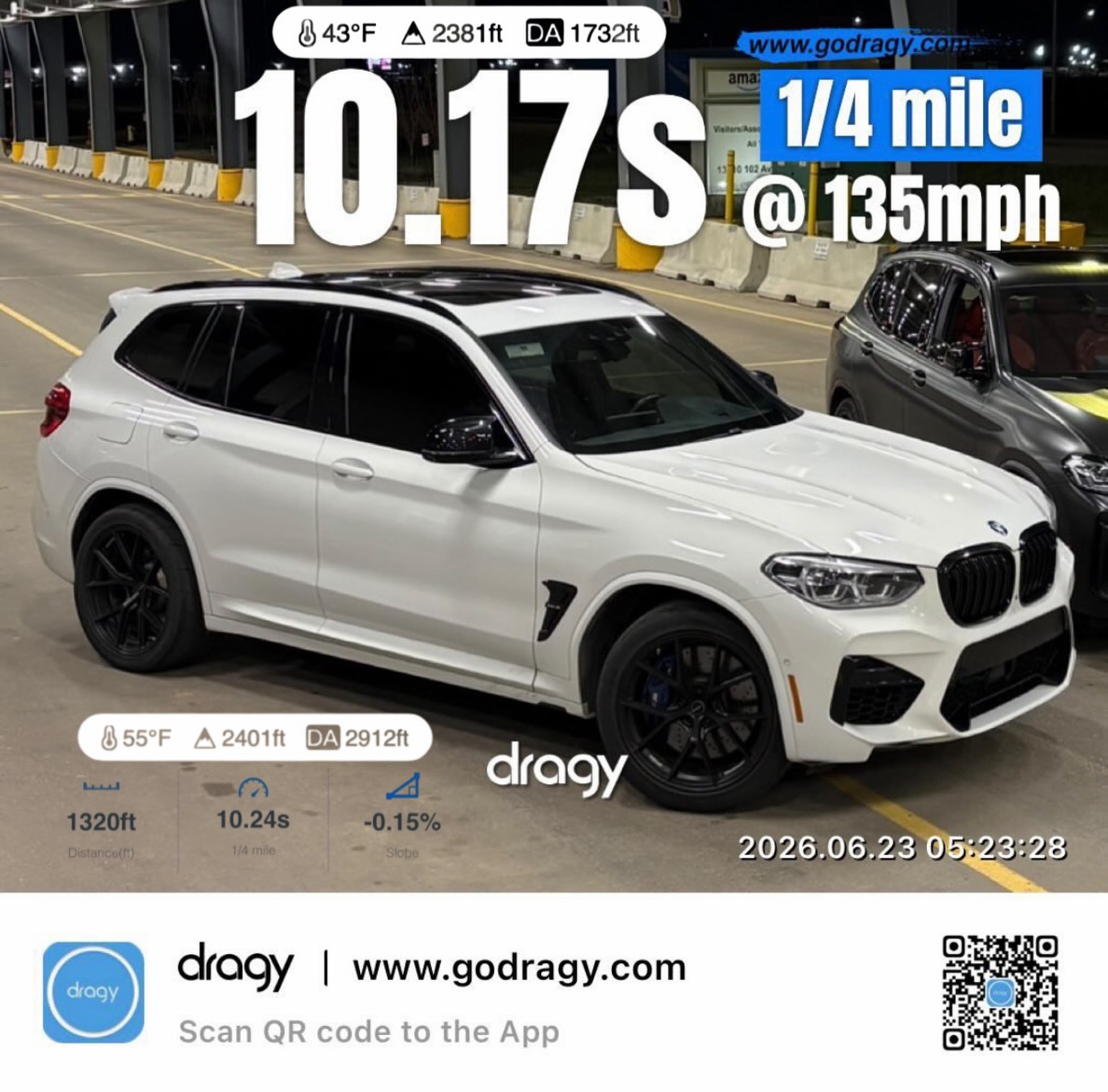 DiannaZancdn's tweet photo. Another X3M hitting the streets. Full weight with moonroof, 4, 600+ lbs plus driver, on an unprepped surface. 10. 17s at 1, 732 ft DA
10. 24s at 2, 912 ft DA

AB Performance E50 custom tune, MHD+, and XHP. https://t.co/gJmY08gOf1