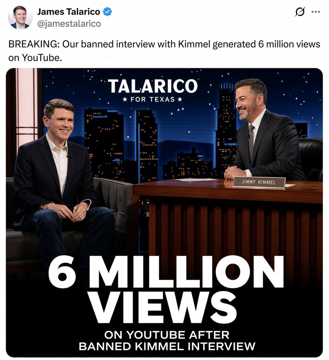 maddenifico's tweet photo. The overwhelming interest in James Talarico's banned interview with Jimmy Kimmel was predictable.  

Americans do not like fascism. https://t.co/7ZWz3w1uEO