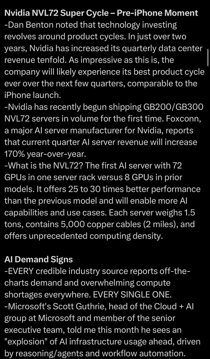 firstadopter's tweet photo. Narrator: Nvidia blew out numbers on the NVL72 product super cycle and posted revenue growth acceleration for four consecutive quarters.

Tae Kim in October 2025: "In just over two years, Nvidia has increased its quarterly data center revenue tenfold. As impressive as this is, the company will likely experience its best product cycle ever over the next few quarters, comparable to the iPhone launch."