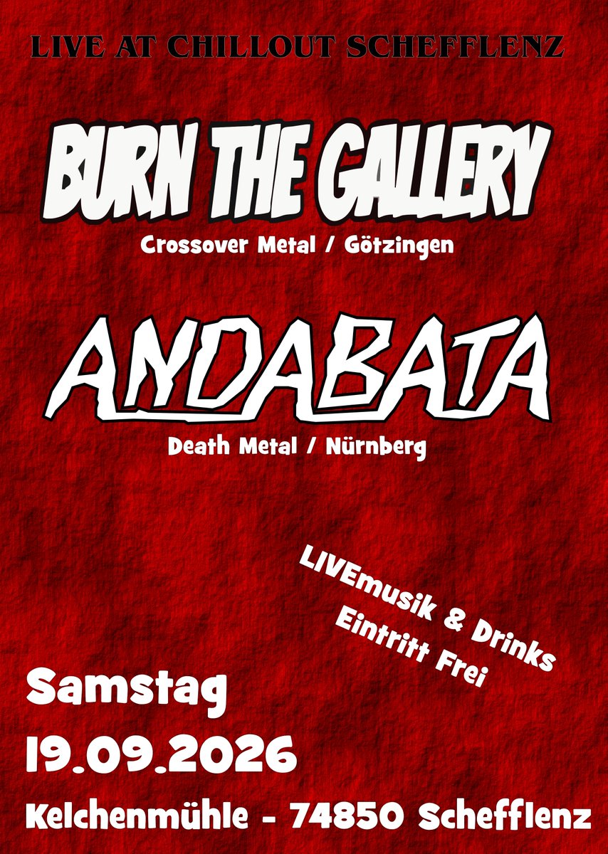 EnteraCarsten's tweet photo. Ein kurzfristiger Gig mit meiner Death Metal Band Andabata. Wir spielen am 19.09.26 in Schefflenz.
#metalband #liveband
#livebild #livefoto #konzertfoto #bühne #gig
#konzert #metalgig #metalshow #auftritt #live
#show #concert #deathmetal #deathmetalduo #schefflenz #chillout https://t.co/osICC91FD5