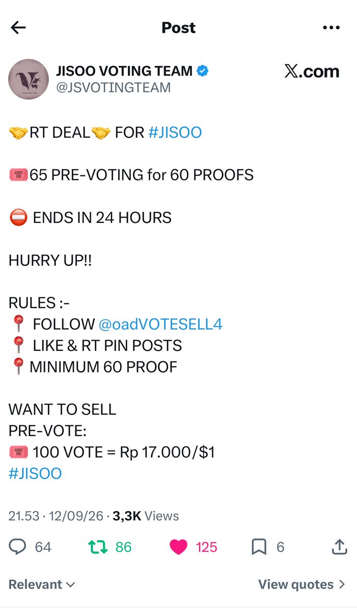 Oadbm44's tweet photo. DONE Rt deal for #JISOO PRE-VOTE GET 65🎟️. @JSVOTINGTEAM 

Thank you for participation everyone❤️

#WTS
100🎟️=17k/1$.

#JISOO

PROOF DRIVE : 65🎟️PRE-VOTING 👇
https://t.co/Ux9MACh5uT https://t.co/Tidk8wSi6S