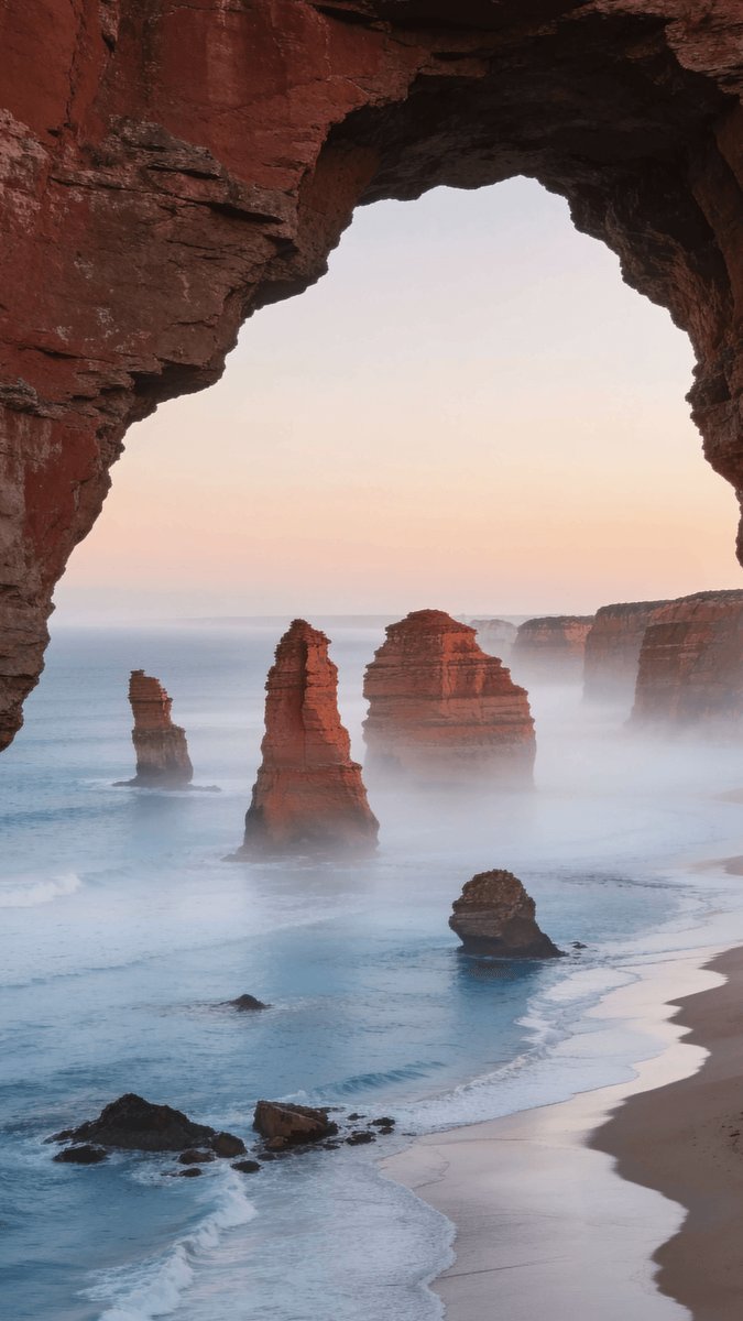 One4Studio's tweet photo. The cave creates a natural dark vignette around a quiet pastel coast, leaving the center open for the clock. Today’s One4Studio pick is in Thematica: #wallpaper #seascape https://t.co/zKyTtpieRA