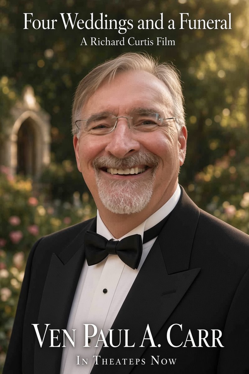 revPACman's tweet photo. It’s been one of those weeks when I’ve actually officiated at ‘Four Weddings and a Funeral’ (and four baptisms) and couldn’t resist creating a poster for the occasion! #FourWeddingsAndAFuneral #ParishMinistry #ClergyLife #PaphosLife #Weddings #Funerals https://t.co/1Am6lmjtZ4