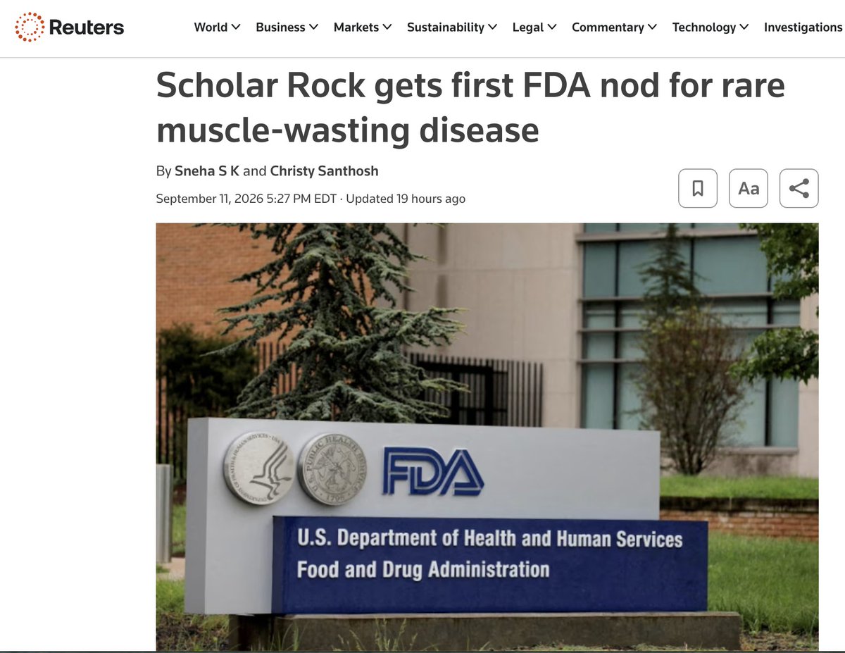 drmikehart's tweet photo. The FDA just approved a myostatin inhibitor for a rare muscle wasting disease to prevent muscle loss. 

Guaranteed this will be approved soon to be taken with GLP-1s. 

Myostatin inhibitors will be as big as GLP-1s. https://t.co/2w6dycP9SP