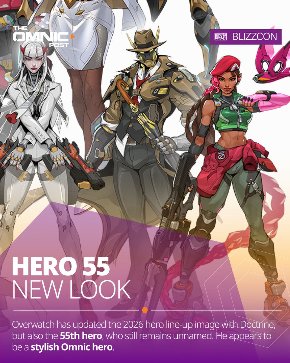 omnicpost's tweet photo. Overwatch has updated the 2026 hero line-up image with Doctrine, but also the 55th hero, who still remains unnamed. He appears to be a stylish Omnic hero. #overwatch #blizzcon #hero55 https://t.co/y5cprNnJ05